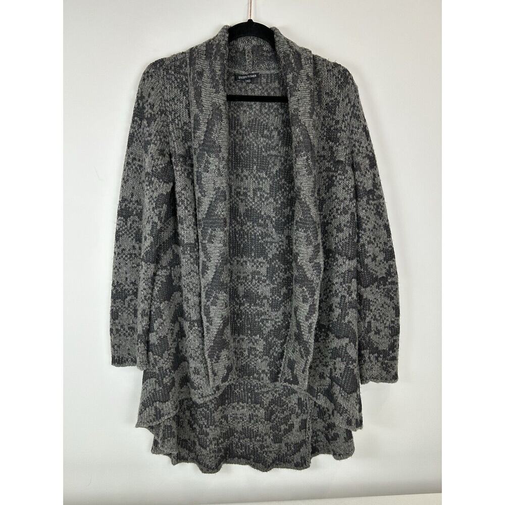 eileen fisher open cardigan wool linen silk artsy jacquard gray size small‎